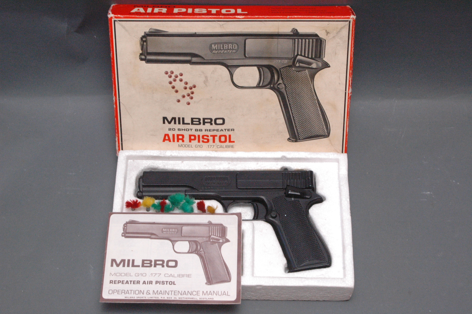 Milbro G10 .177 air pistol, boxed, with darts and instructions.  No visible Serial No.