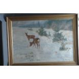 Carl Hoyrup (Danish) (1893-1961), oil on canvas, roe buck and doe in snowy landscape.