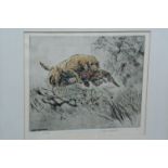 Henry Wilkinson, signed Limited Edition print, yellow labrador leaping with pheasant in mouth,