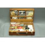 Mahogany case of fly tying equipment, vice, materials, feathers, furs, etc.