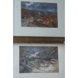 Pair of Lionel Edwards stag hunting prints, red stag in swollen river with hounds standing on rocks,