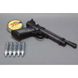 Crossman 2240 CO2 powered .22 air pistol, tin of pellets and five CO2 canisters.  Serial No.