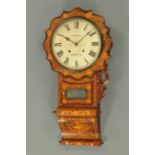 A Victorian walnut marquetry wall clock, with eight day striking American movement, the base