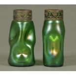Two Loetz style glass vases, each with metal rim.  Tallest 16 cm.