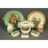 A collection of eight pieces of Prattware, 19th century, loving cup, pair of vases,