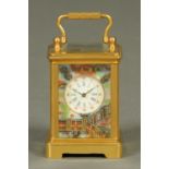 A miniature brass carriage clock, with porcelain panels decorated in Imari colours,