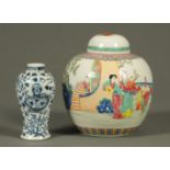 A Chinese polychrome ginger jar, lidded, and blue and white vase with four character mark to base.