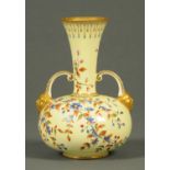 A Crown Derby vase, two handled, polychrome to yellow ground.  Height 19 cm.