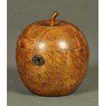 A George III style fruitwood tea caddy, in the form of an apple.  Diameter 11 cm.