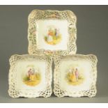 Three Dresden pierced dishes, square form each decorated to the centre with figures.  Largest