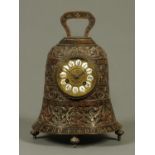 A 19th century French bronze bell clock, with two-train movement, porcelain Roman numerals, the case