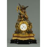 Raingo Freres bronze mantle clock, the bronze case with cherub and floral swag mount with doves