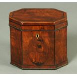 A George III mahogany tea caddy, octagonal, inlaid with Britannia.  Width 15.8 cm.