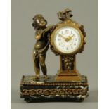 A 19th century French bronze and marble mantle clock, with single-train movement,