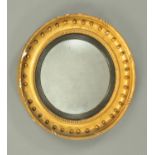 A 19th century giltwood and gesso framed convex wall mirror, with ebonised slip.  Diameter 59 cm.