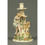 A Sitzendorf porcelain table lamp base, female figure with child and floral encrustations.