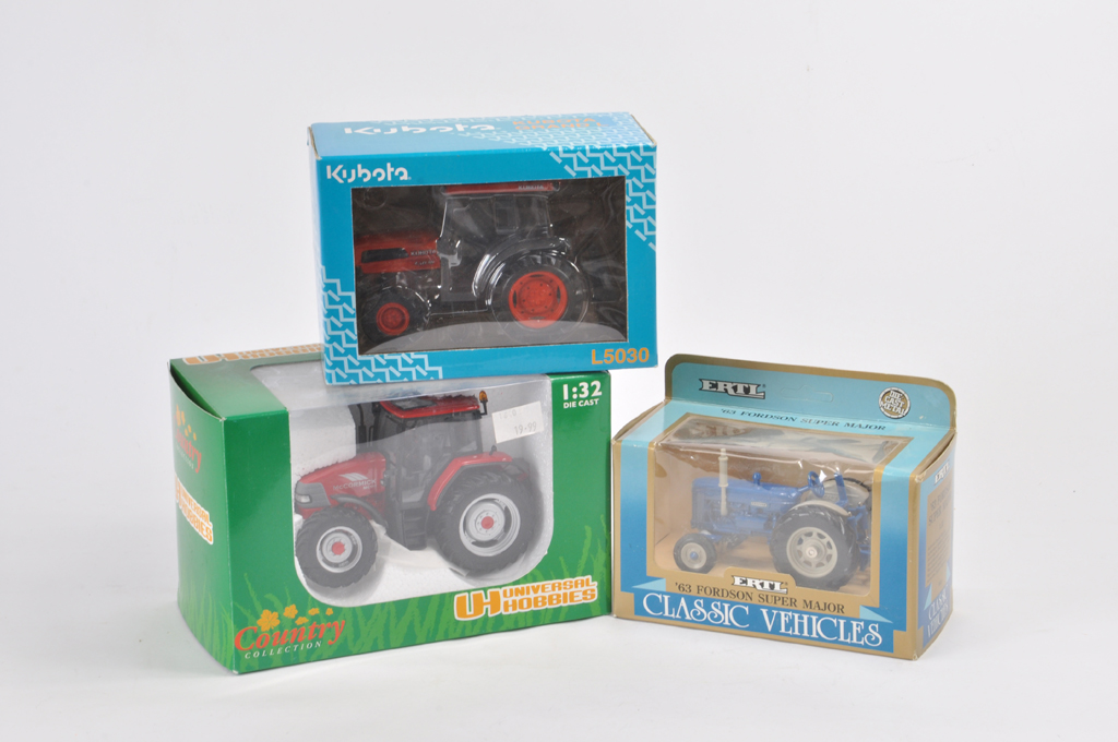 Universal Hobbies McCormick MC115 Tractor, Kubota L5030 and Ertl Fordson Super Major. All A in A