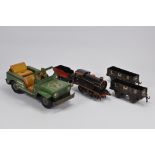 Vintage Toys including US Army Jeep (tinplate) and Tinplate Loco with some wagons. Fair. (2)