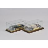 Finely displayed duo of Burago Large Scale Classic Cars. Jaguar and Mercedes. Mint. (2)