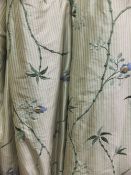 Two pairs of silk interlined curtains, the white and green striped ground set with floral sprays