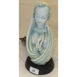 A Goldscheider table lamp depicting The Virgin Mary with pale green glaze, raised on a shaped wooden
