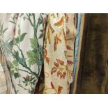 Three pairs of various curtains to include a pair of crewel work curtains and a pair of cotton