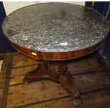 A 19th Century mahogany centre table in the Louis Philippe taste, the white veined grey marble