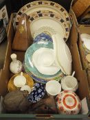 A box of assorted china wares to include