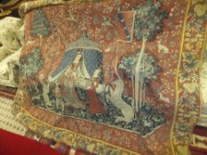 A Flemish tapestry wall hanging in the 17th Century manner depicting figures in a tent, inscribed "A