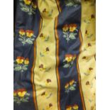 Two pairs of cotton interlined curtains, the peach and blue striped ground set with pansy sprays,