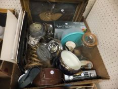 A box of sundry items to include leather