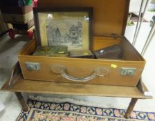 An oak bed tray and Smith's suitcase containing black and white print AFTER H ELLETT "Corner of