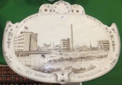 A modern Delft oval wall plaque inscribed "ICI Holland Rozenburg Works", signed verso "Evert M