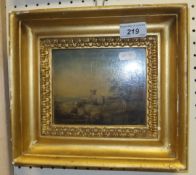 19TH CENTURY ENGLISH SCHOOL "Sheep, dog and shepherd", oil on board, unsigned, in gilt frame