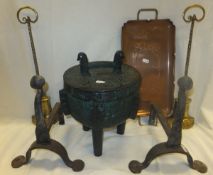 A pair of brass door porters, pair of wrought iron andirons, electric copper kettle, Turkish brass