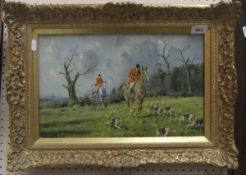 GEORGE WRIGHT "Hunt and hounds riding through field", oil on canvas, signed lower right (ARR)