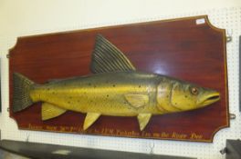 A carved wooden Salmon cast inscribed "S