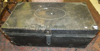 A 19th Century black hide covered and studded trunk CONDITION REPORTS Size approx. 99 cm x 50 cm x