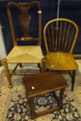 A yew wood splat back rush seated chair,
