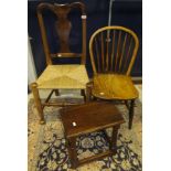 A yew wood splat back rush seated chair,