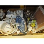 Five boxes of assorted china, metalware,