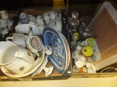 Five boxes of assorted china, metalware,