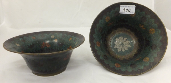 A pair of 19th century Chinese cloisonné bowls CONDITION REPORTS Approx 18cm diameter.  Tarnish, and