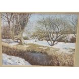 ENGLISH SCHOOL "Snow in woodland by stream", pastel, indistinctly signed lower left, together with