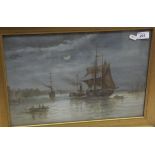ENGLISH SCHOOL "Tall-masted ship at anchor in the moonlight", oil, unsigned, together with a print
