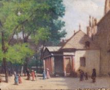 HONORE CHAPUIS (1817-1896) "Un coin de Gianville", figures standing by house", oil on canvas, signed