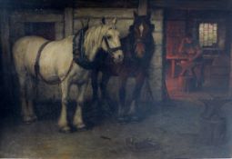 W. BARR (1867-1933) "Horses awaiting shoeing at Blacksmiths", oil on canvas, signed lower left, 50.5