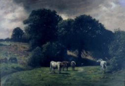 CHARLES HENRY AUGUSTUS LUTYENS (1829-1915) "Horses and cattle in pastures with trees", oil on