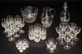 IN THE MANNER OF ROWLAND WARD - assorted glassware to include jug, bowl, decanter, eight deep wine