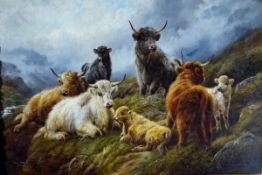 R. WATSON (1865-1916) "Seven resting Highland cattle", oil on canvas, signed lower right, 61 cm x 92